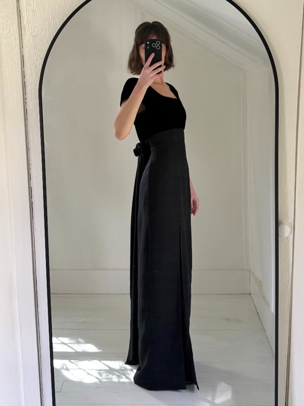 Vintage 90s Velvet Combo Rosette Empire Waist Maxi Dress Size 9-10 Black
